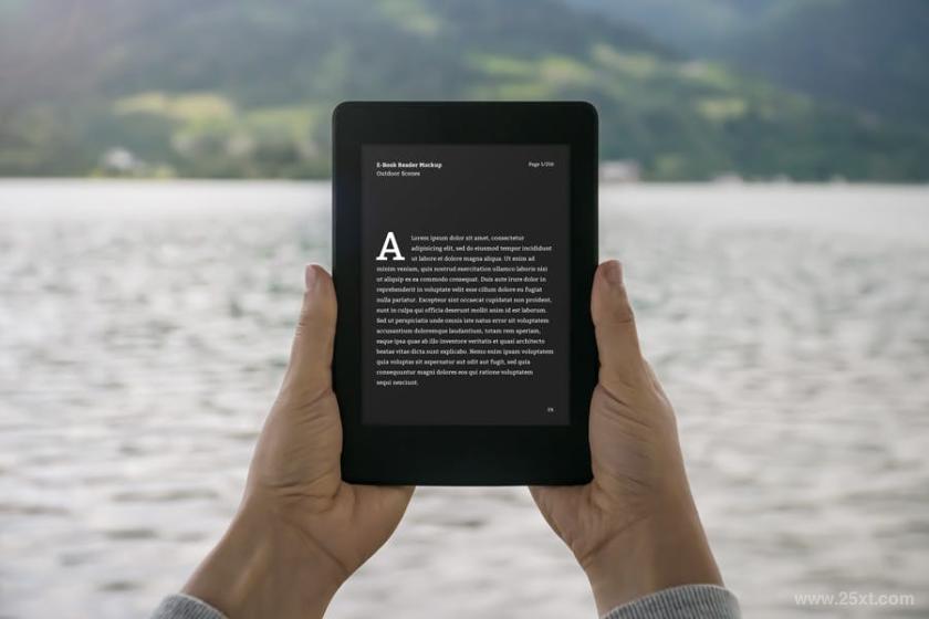 多角度的手持kindle电子书阅读器psd样机素材