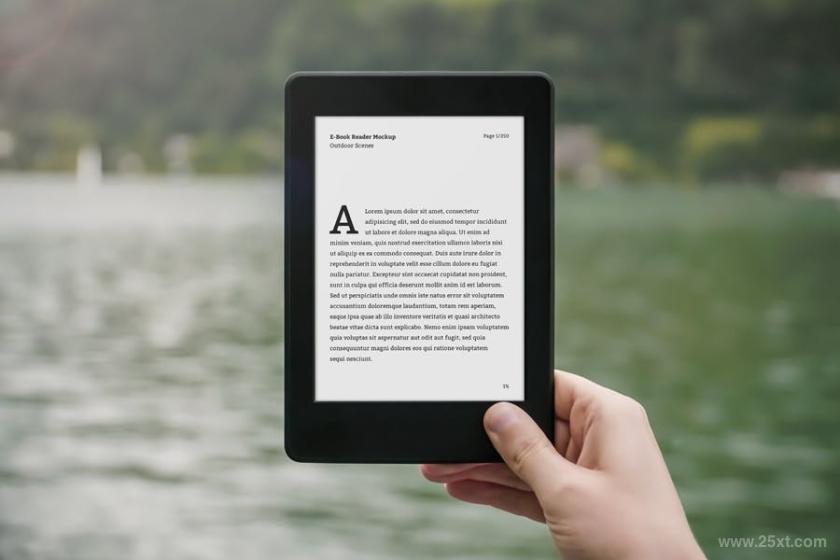 多角度的手持kindle电子书阅读器psd样机素材