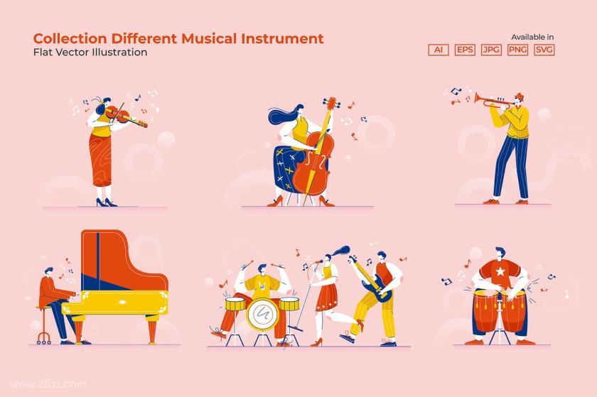一组使用不同乐器演奏的人物矢量插画素材,总共有6个人物演奏场景的