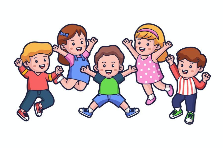 彩色卡通风格的儿童快乐跳跃玩耍场景矢量插画素材