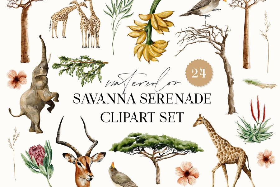 25xt-174055 Watercolor-Safari-Animals-Africa-Giraffe-Elephantz2.jpg
