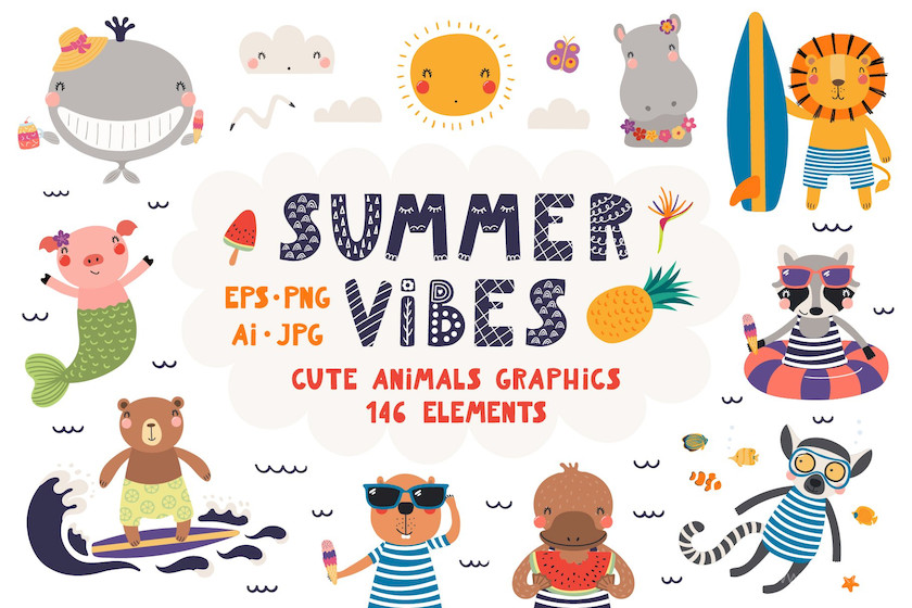 可爱的动物夏天形象和夏天元素矢量插画
