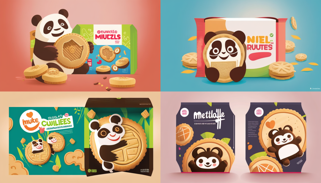 由 Midjourney 设计的饼干包装，上面有一只正在享用饼干的功能性熊猫
