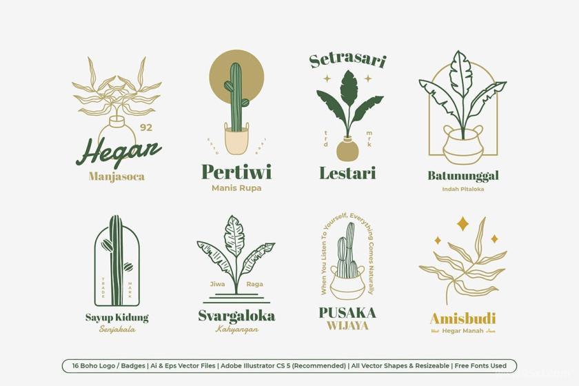 植物logo标志设计模板,总共有16个logo模板和植物花盆插画元素图形集