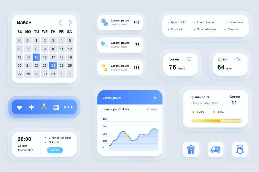 简约风格的在线医疗服务app应用ui设计组件模板