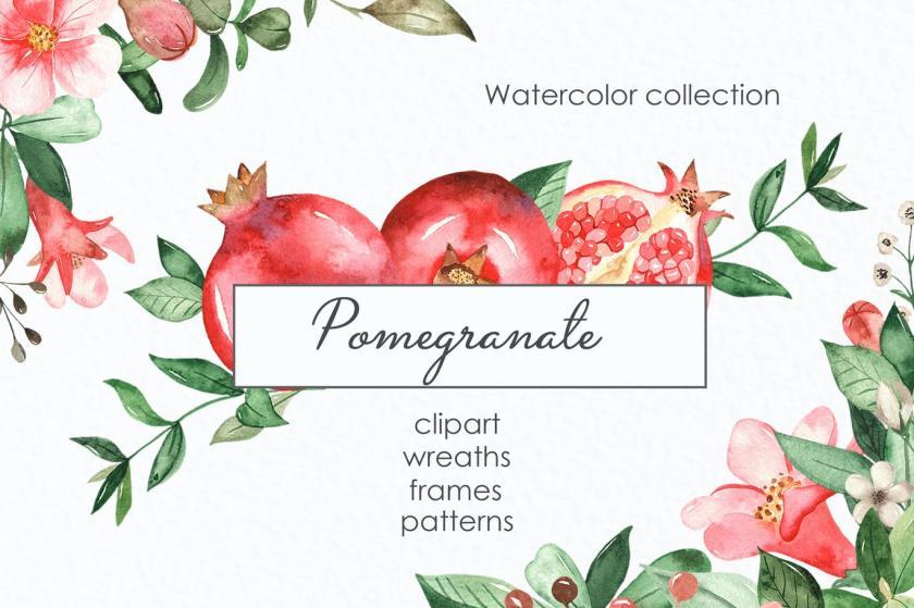 25xt-160429 WatercolorpomegranateClipart,frames,wreathsz2.jpg