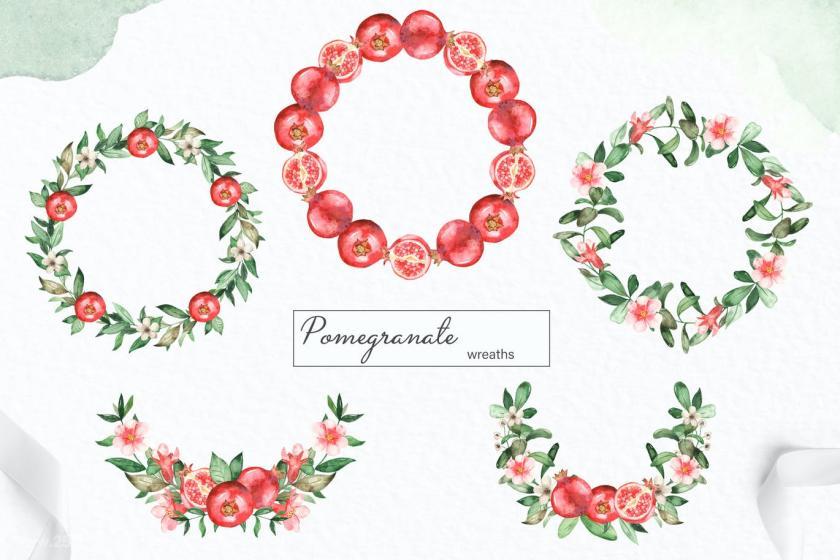 25xt-160429 WatercolorpomegranateClipart,frames,wreathsz7.jpg