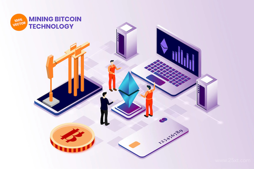 Isometric Bitcoin Mining Vector Illustration.jpg