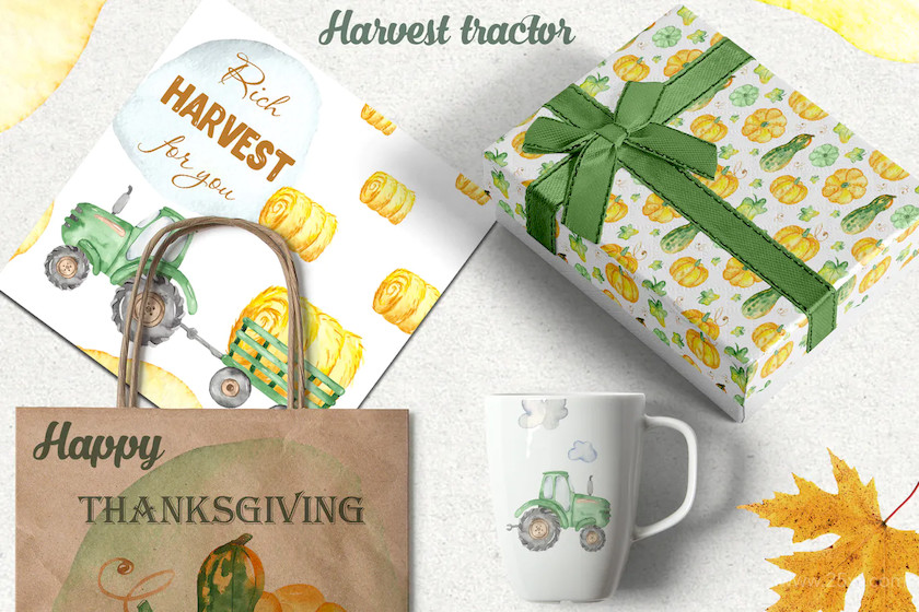 Watercolor harvest tractor Clipart, cards, pattern 10.jpg