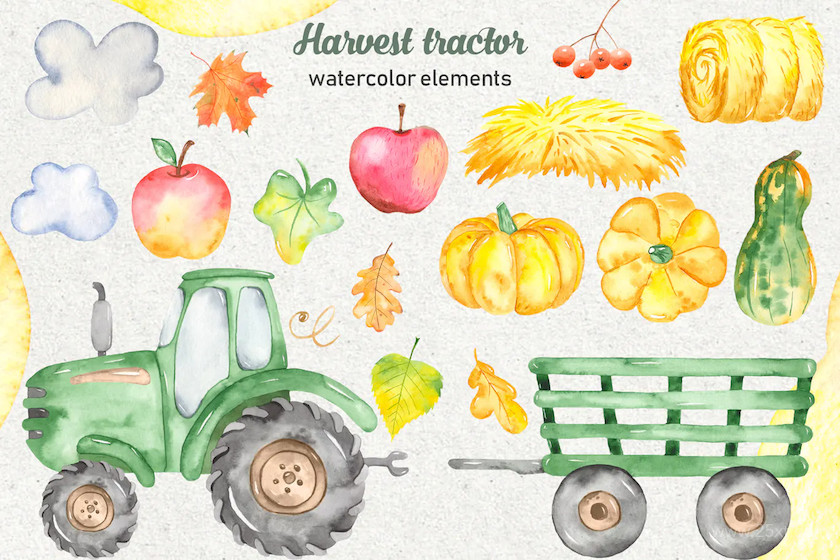 Watercolor harvest tractor Clipart, cards, pattern 4.jpg