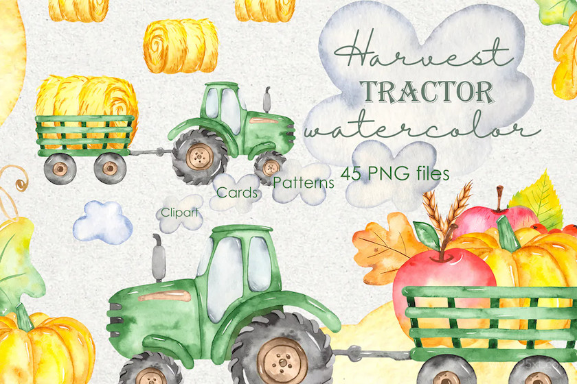Watercolor harvest tractor Clipart, cards, pattern 5.jpg
