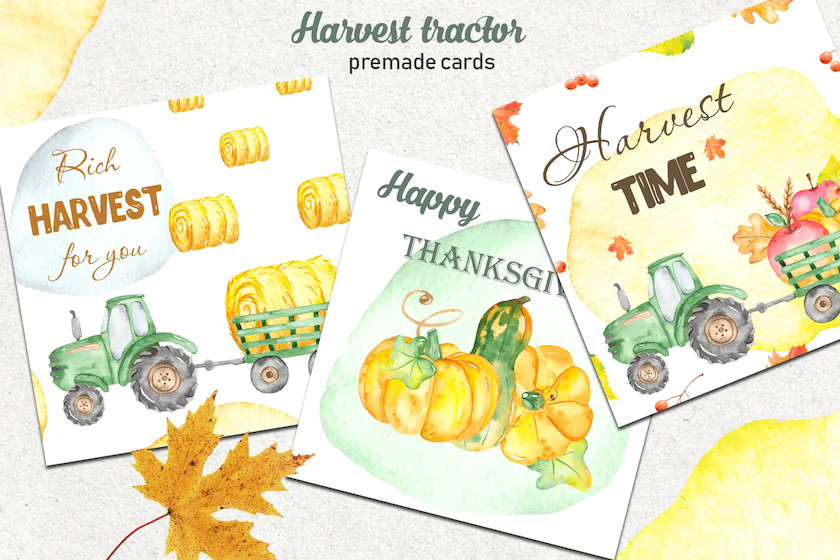 Watercolor harvest tractor Clipart, cards, pattern 6.jpg