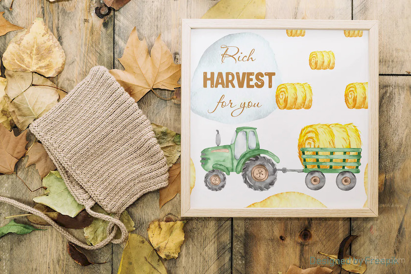 Watercolor harvest tractor Clipart, cards, pattern 3.jpg