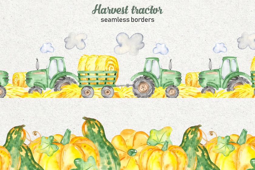 Watercolor harvest tractor Clipart, cards, pattern 8.jpg