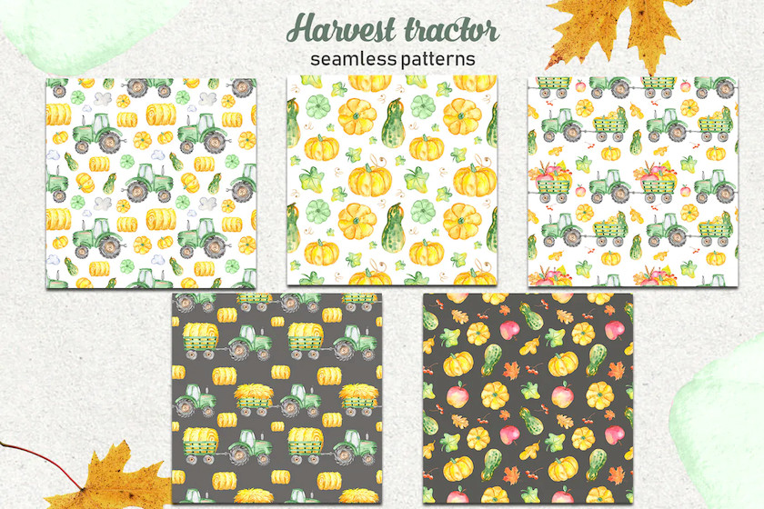 Watercolor harvest tractor Clipart, cards, pattern 2.jpg