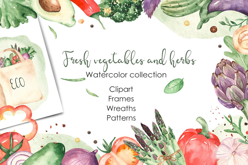 Watercolor vegetables and herbs Collection clipart9.jpg