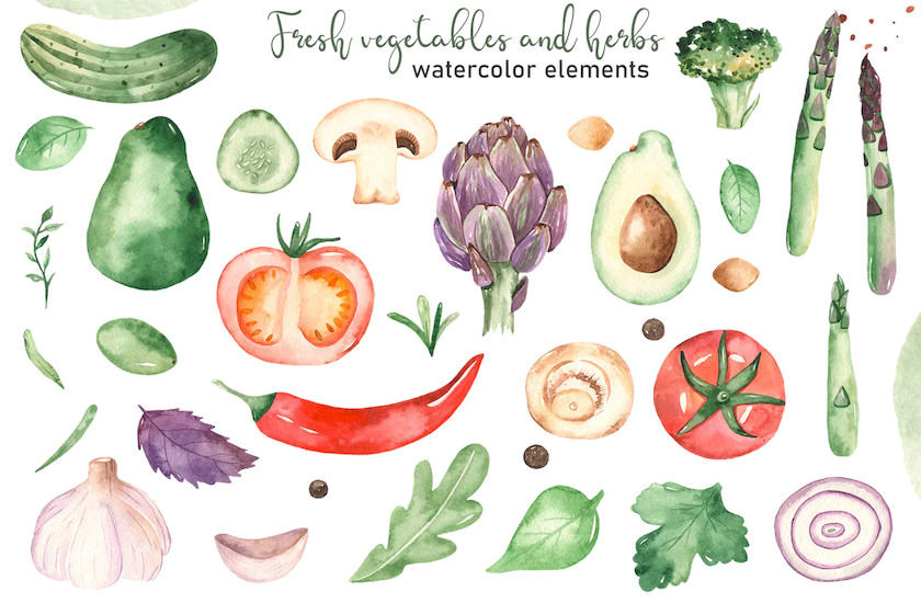 Watercolor vegetables and herbs Collection clipart7.jpg
