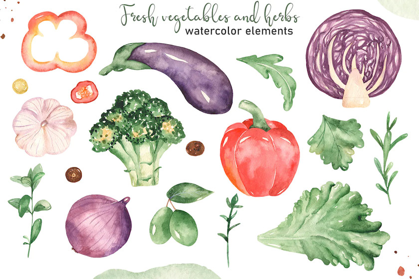Watercolor vegetables and herbs Collection clipart3.jpg