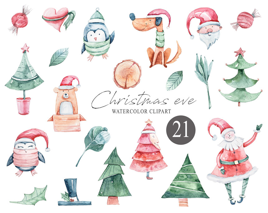 25xt-127378 Watercolor Christmas clipart. Santa, Christmas tree, penguin 5.jpg