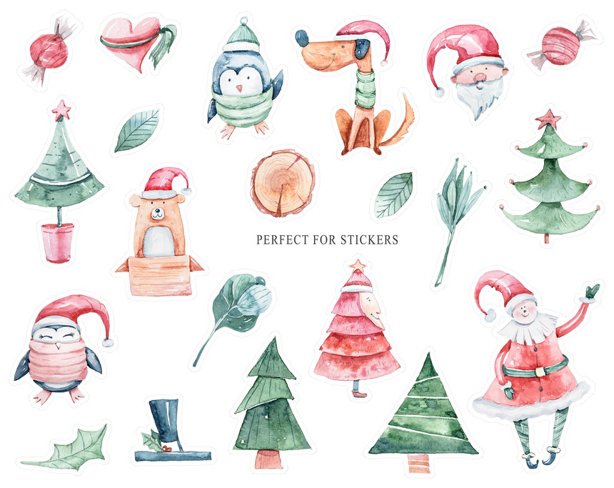 25xt-127378 Watercolor Christmas clipart. Santa, Christmas tree, penguin 1.jpg