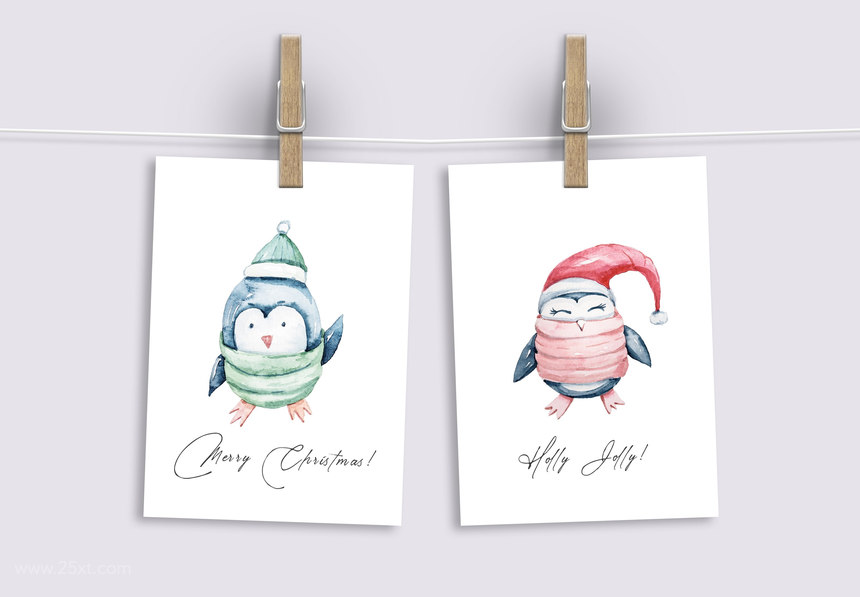25xt-127378 Watercolor Christmas clipart. Santa, Christmas tree, penguin 6.jpg