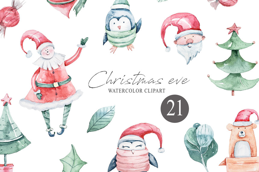 25xt-127378 Watercolor Christmas clipart. Santa, Christmas tree, penguin 8.jpg