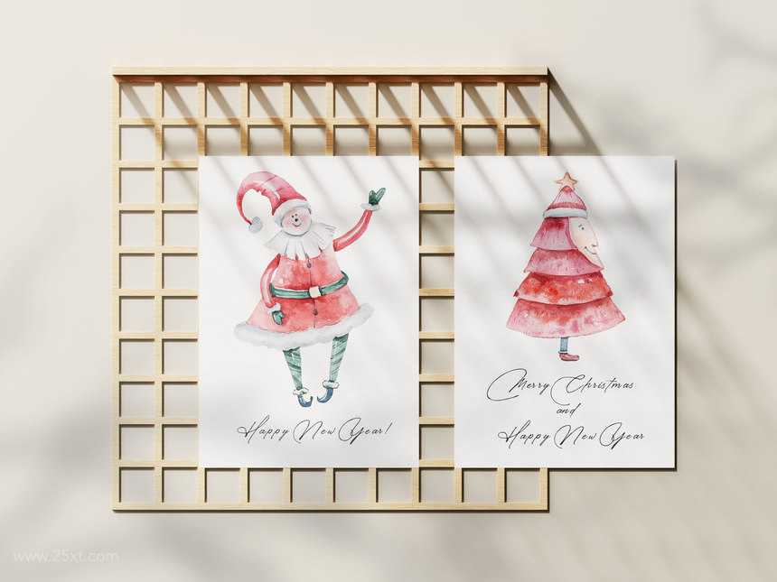 25xt-127378 Watercolor Christmas clipart. Santa, Christmas tree, penguin 4.jpg