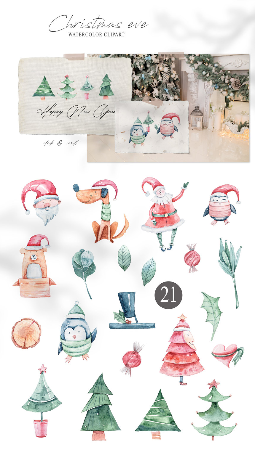 25xt-127378 Watercolor Christmas clipart. Santa, Christmas tree, penguin 7.jpg